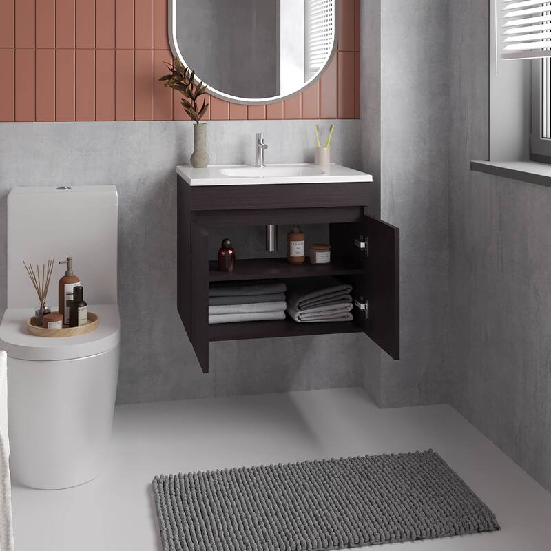 Floating,Wide Double Door Vanity, With Resin Sink And Two Shelves,Bathroom Storage