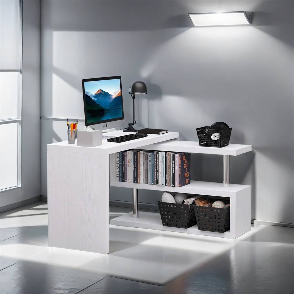 360 Degree Rotating Corner L Shaped Desk with 3-Tier Storage Shelves