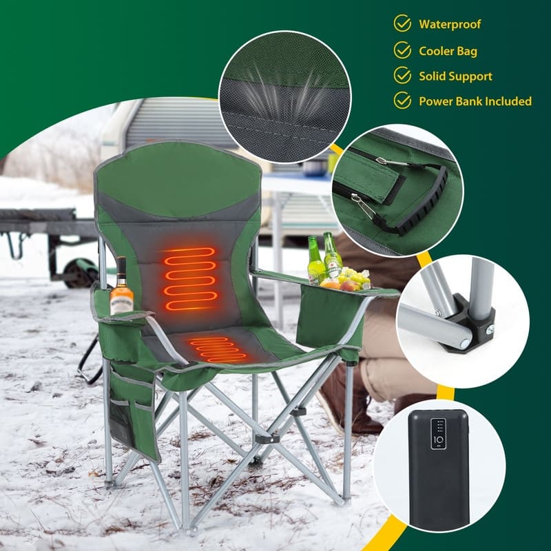 Heated Portable Camping Chair with Power Bank, Cooler Bag, Foldable Outdoor Sports Seat with Carry Handle (Green & Gray)