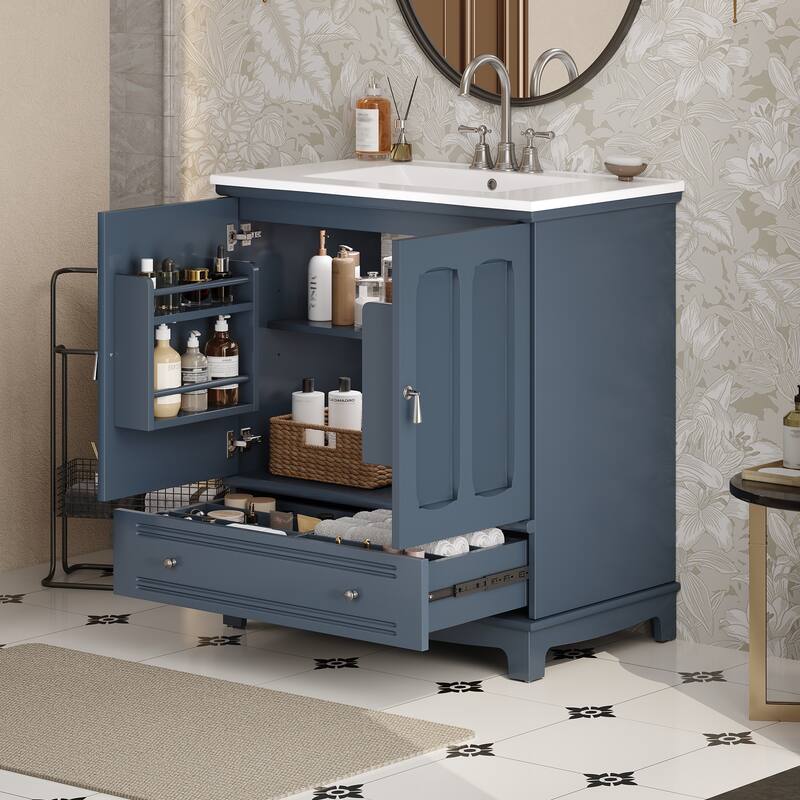 Roomfitters 30" Bathroom Vanity with Sink, Freestanding Solid Wood Vanity Cabinet with Ceramic Basin and Soft Close Drawer