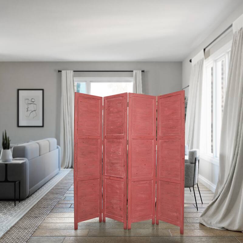 Wooden 4 Panel Foldable Floor Screen with Textured Panels, Red