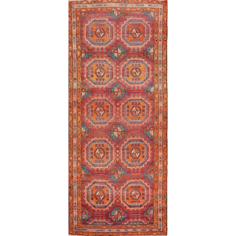 Hand Knotted Oriental 100% Wool Carpet Traditional Geometric Oranges & Rust Meshkin Runner Rug - 10' 10'' X 4' 3''