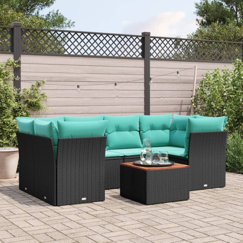 vidaXL 7 Piece Patio Sofa Set with Cushions Black Poly Rattan - 92.1x33.5x48.8