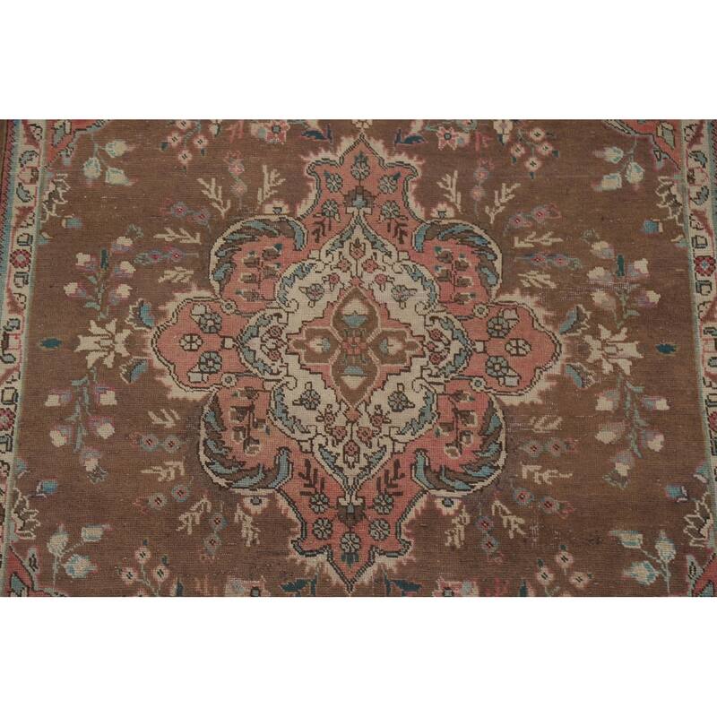 Hand Knotted Oriental 100% Wool Carpet Traditional Floral Brown Tabriz Area Rug - 9' 4'' X 5' 11''