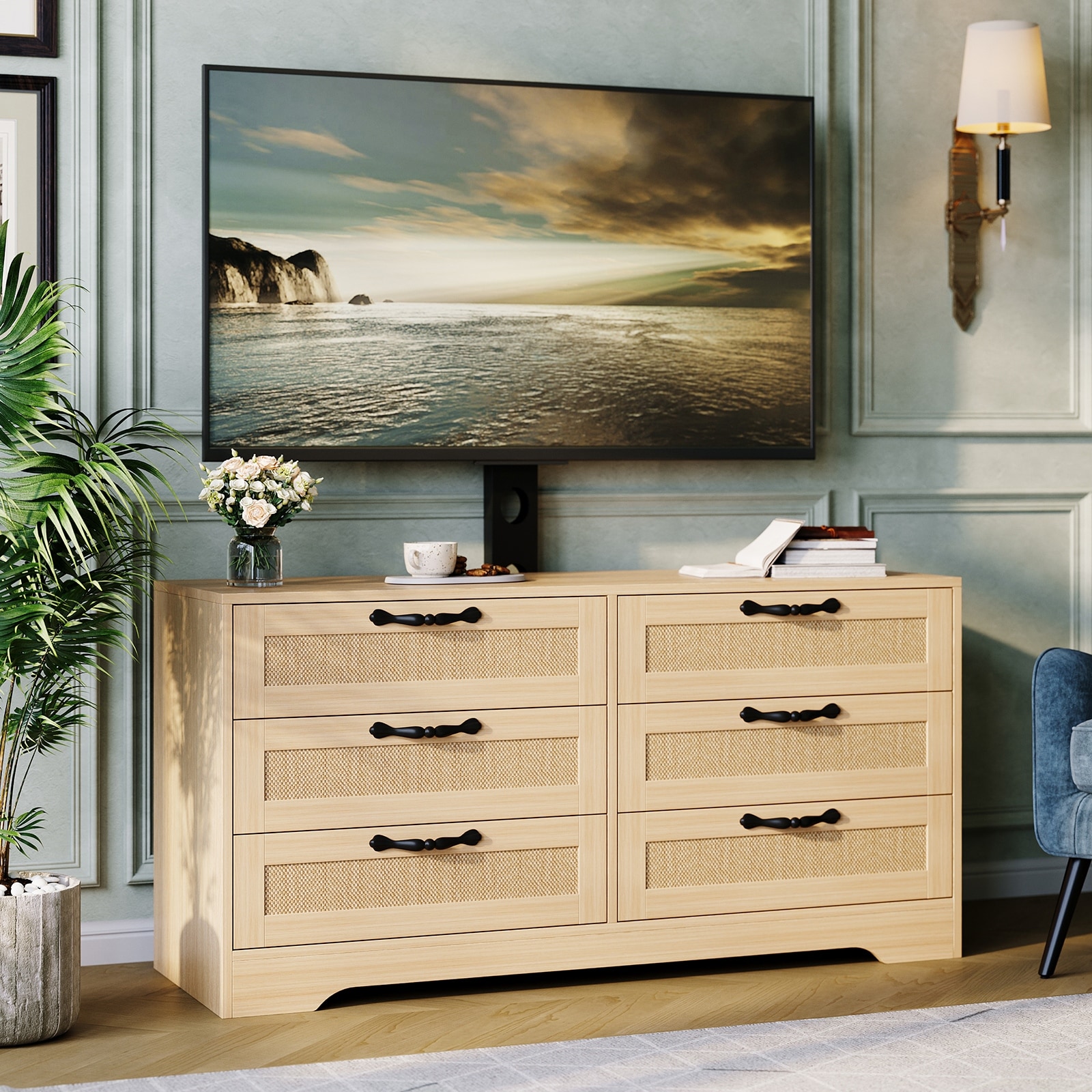 TV Stand with Mount – 47.2" Modern Entertainment Center, 6-Drawer Rattan Dresser for 32-85 Inch TVs