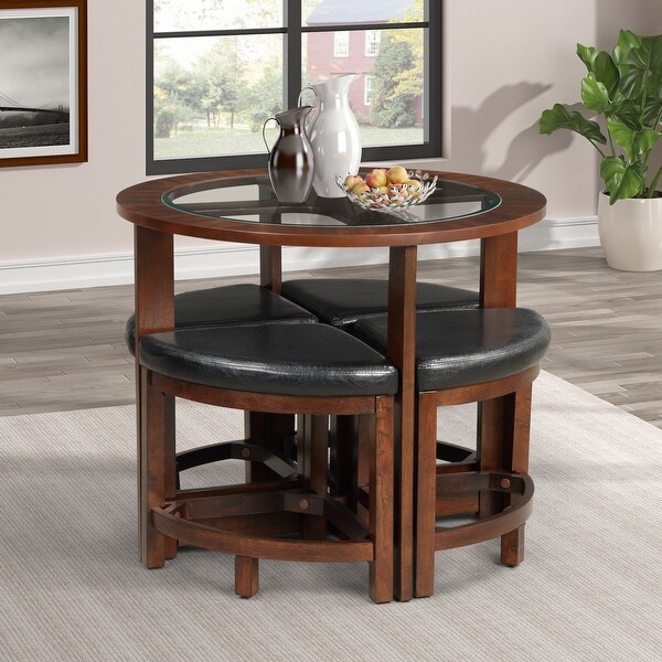 Contemporary Cylina Solid Wood Glass Top Round Dining Table with 4 Chairs Bed Bath Beyond 42305308
