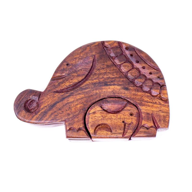 Handmade Mama and Baby Elephant Sheesham Wood Puzzle Box