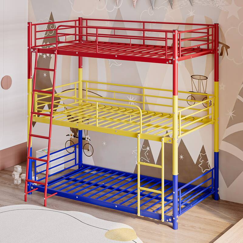 Heavy Duty Metal Triple Twin Bunk Bed with Guardrails, Ladder & Storage, Easy to Assemble