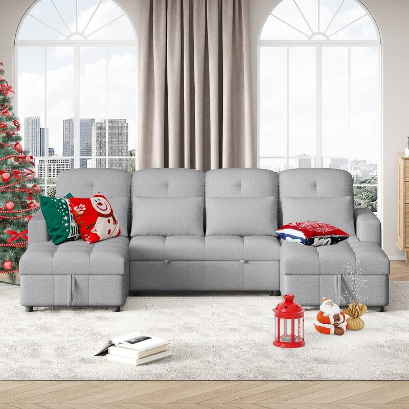 110.2" Modern U-shaped Sectional Pull-out Sofa with Storage Chaise and USB Ports
