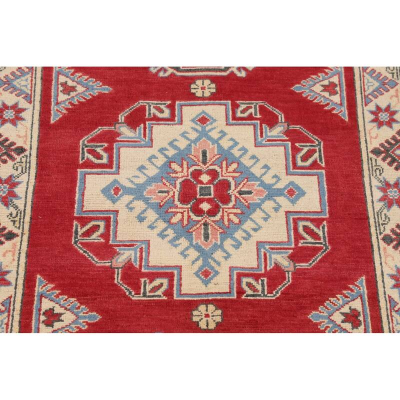 Geometric Red Kazak Accent Rug Hand-Knotted Wool Carpet - 3'4" x 4'9"