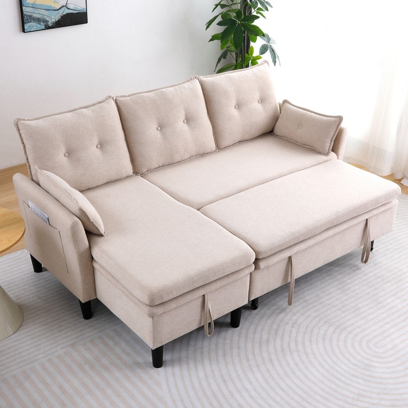 78" cotton and linen L-shaped Ottoman sofa with pull-out storage