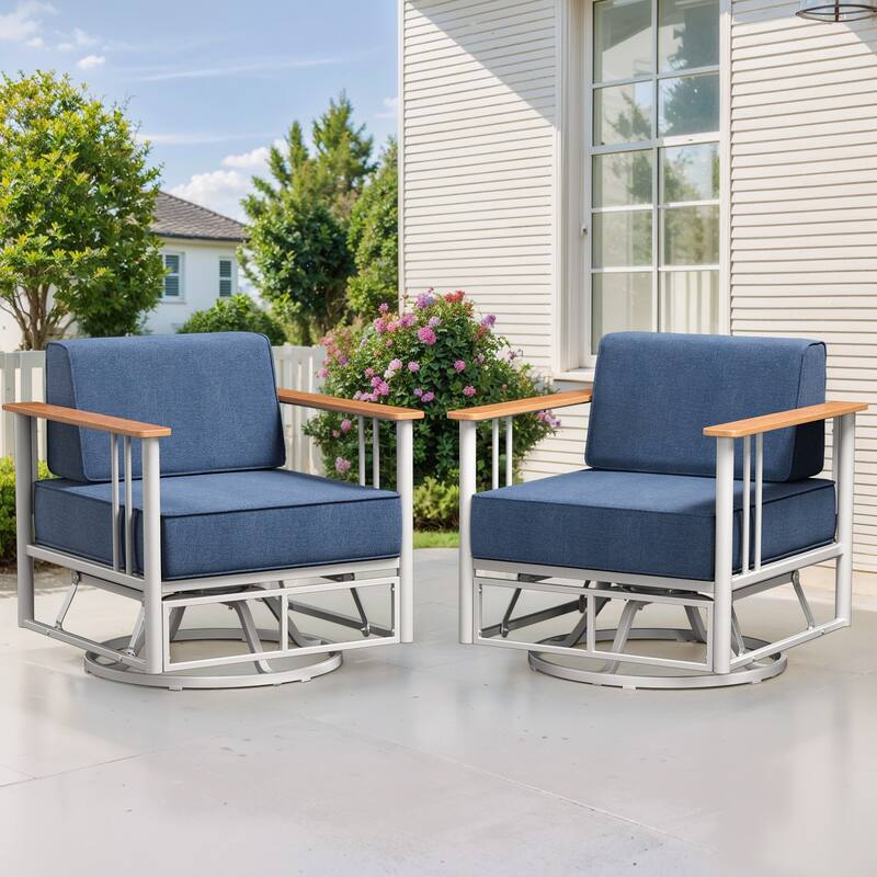 Puffin Black Metal Frame Outdoor Swivel Gliding Chairs with 6-Inch Thick Dark Gray Olefin Cushions (2-Pack) - White/Navy Blue - 2-Piece