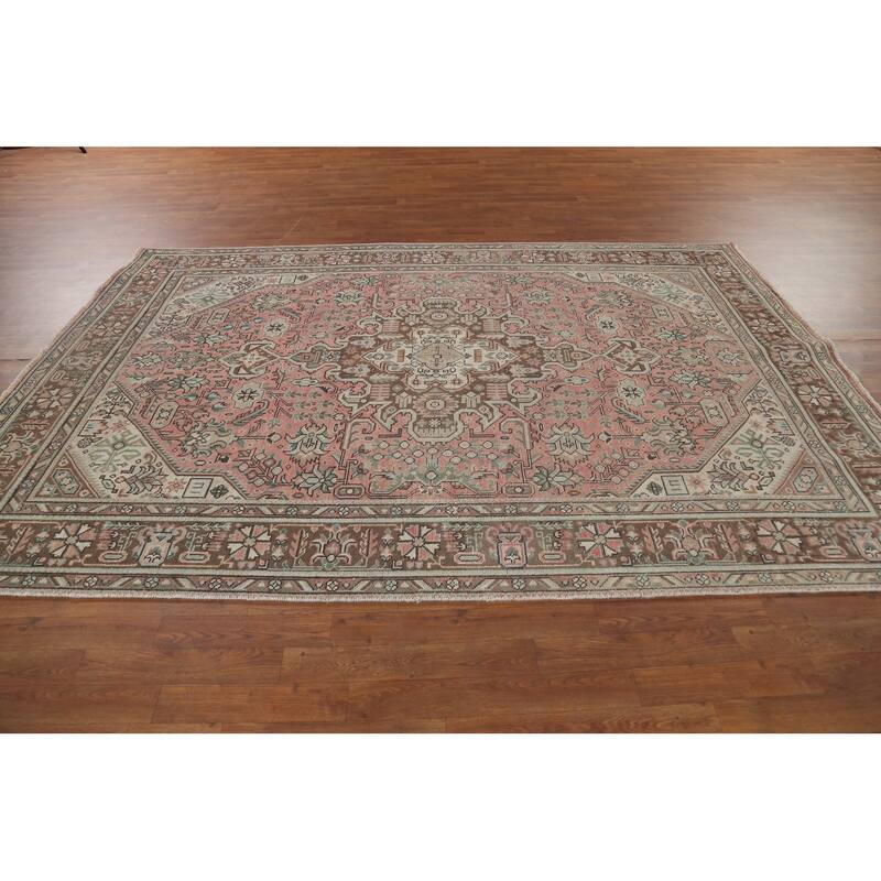 Geometric Tabriz Persian Vintage Area Rug Handmade Pink Wool Carpet - 6'5"x 9'8"