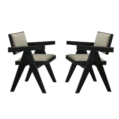 Set of 2 Upholstered Dining Arm Chairs with Inverted V-Leg in Black and Light Gray