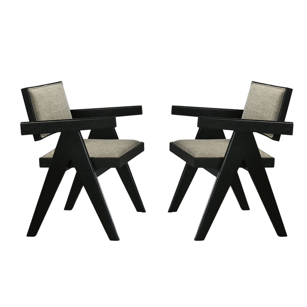 Set of 2 Upholstered Dining Arm Chairs with Inverted V-Leg in Black and Light Gray