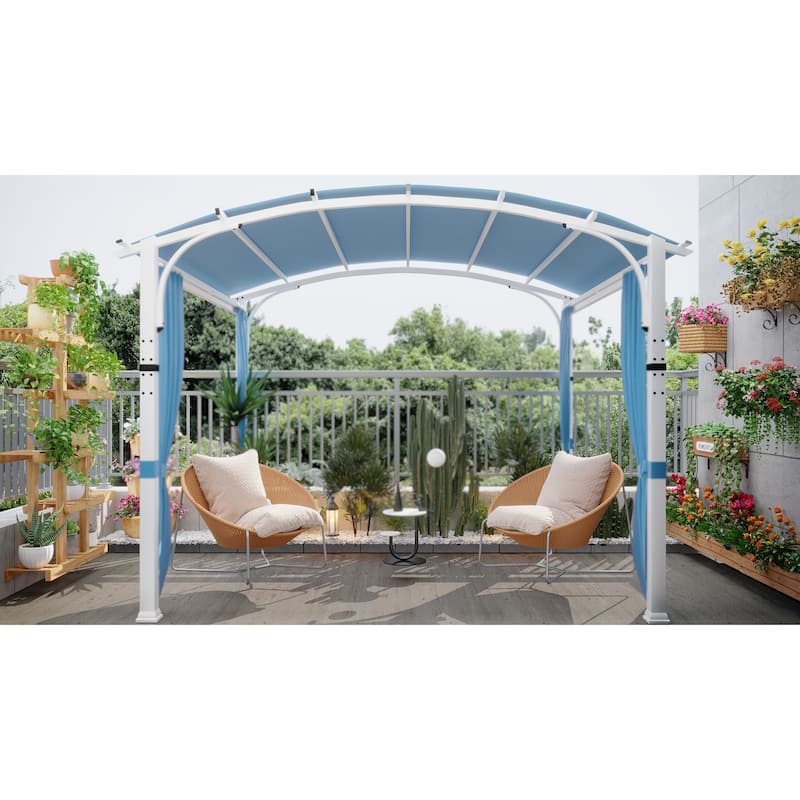 Cozywor 10 ft. x 10 ft. White Steel Patio Arched Pergola with Blue Shade Canopy and Curtains