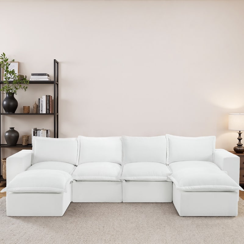 147.9'' W U-Shaped Modular Sectional Sofa Comfy Cloud Couch Chenille Sofa - Beige