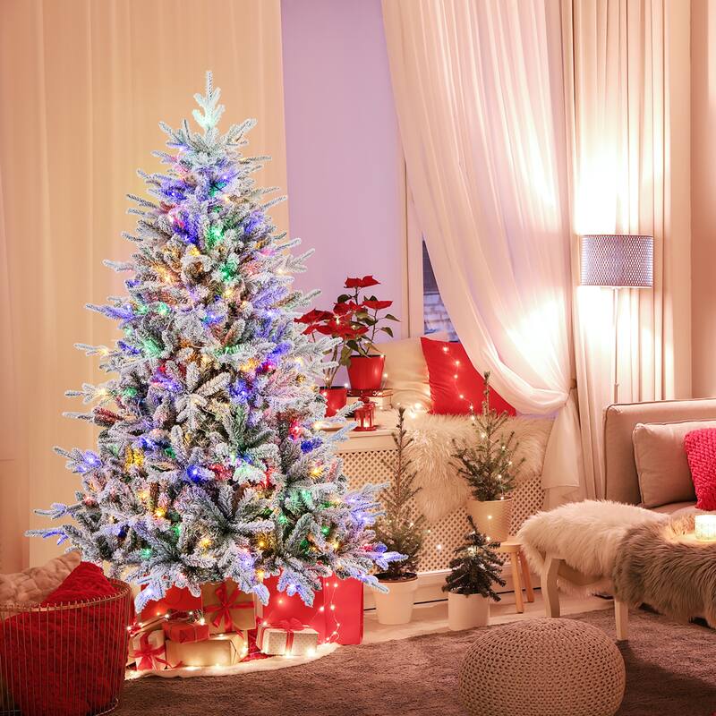 Gymax 4.5/6/7 FT Pre-Lit Artificial Christmas Tree Snow Flocked Full