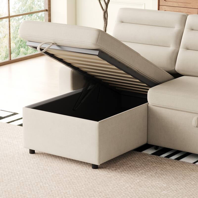 83.5" Convertible Sleeper Sofa - Polyester Sectional Sofa Bed with Pullout Bed and Cup Holder