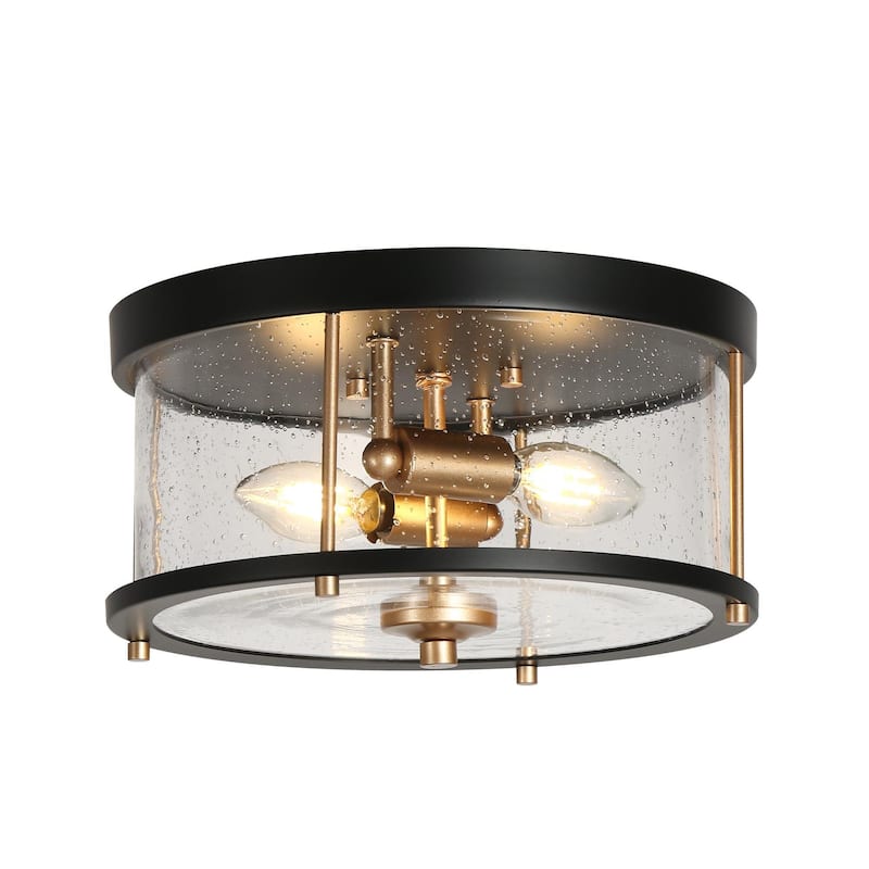 Modern Farmhouse 2-Light Drum Glass Flush Mount Chandelier Black Gold Ceiling Light - D 11" x H 6"