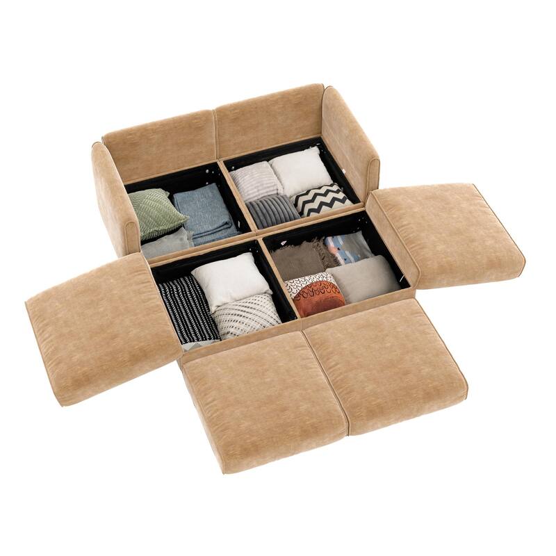 75.5" 2-Seater Chenille Sofa with 2 Ottoman Storage Seats, Cylindrical Backrest and Modular Design