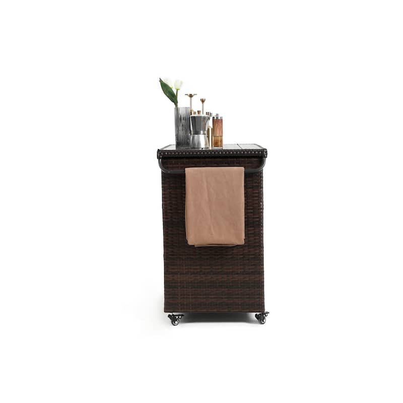 HOMEFUN Outdoor Wicker Bar Cart with Storage on Wheels - Brown