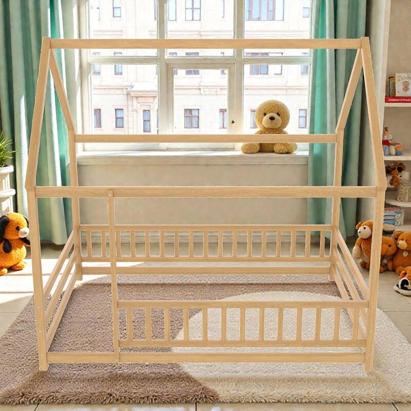 Wooden House Frame Floor Bed with Roof, Fence Guardrails, Pine Wood Kids Platform Bed for Bedroom