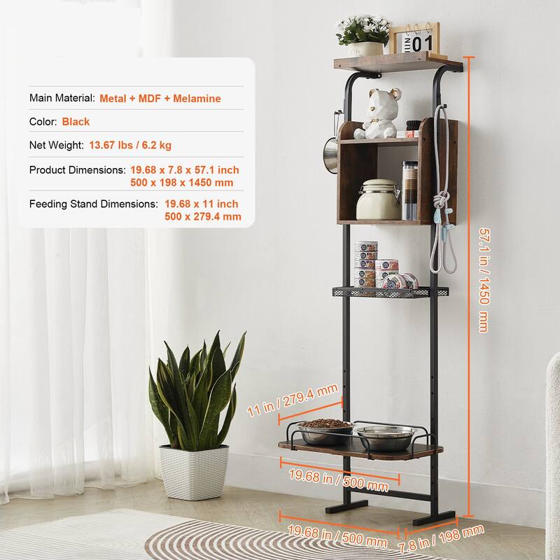 7 Adjustable Height Wall Mounted Pet Feeding Station with Dog Food Storage and Toy Organizer - 19.68 x 7.8 x 57.1 inch