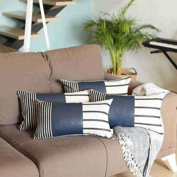 Set of 4 Blue and White Stripes with Faux Leather Pillow Covers Set of 4 Blue and White Stripes with Faux Leather Pillow Covers