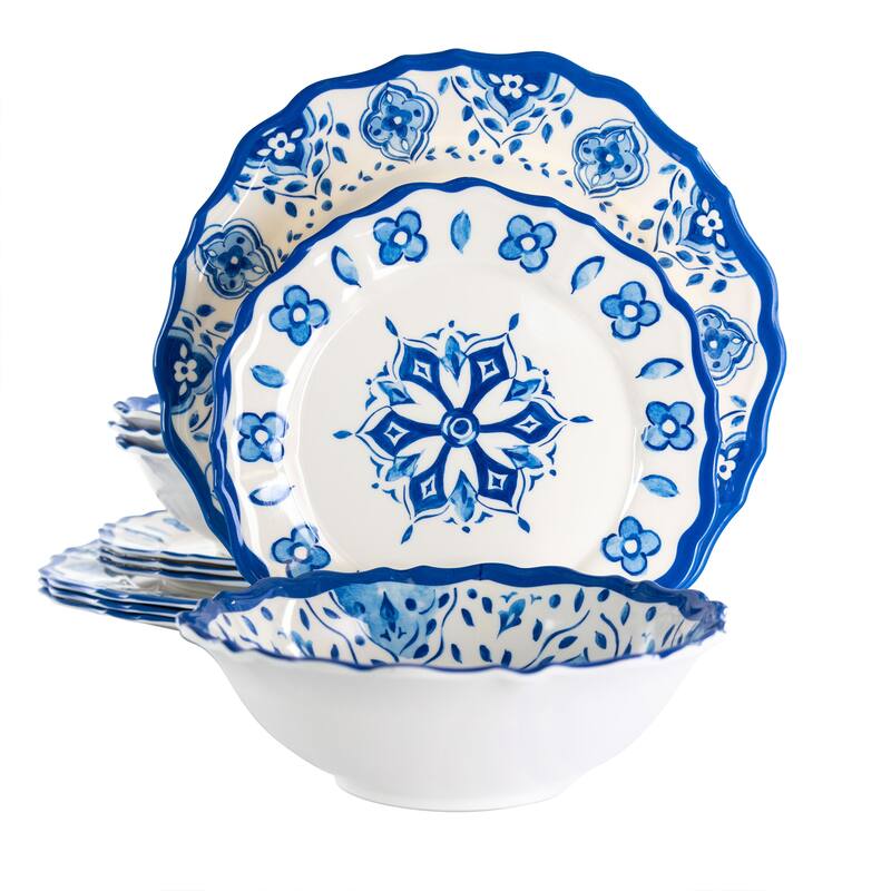 Elama Blue Garden 12 pc Scalloped Lightweight Melamine Dinnerware