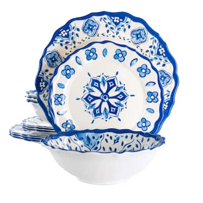 Elama Blue Garden 12 pc Scalloped Lightweight Melamine Dinnerware