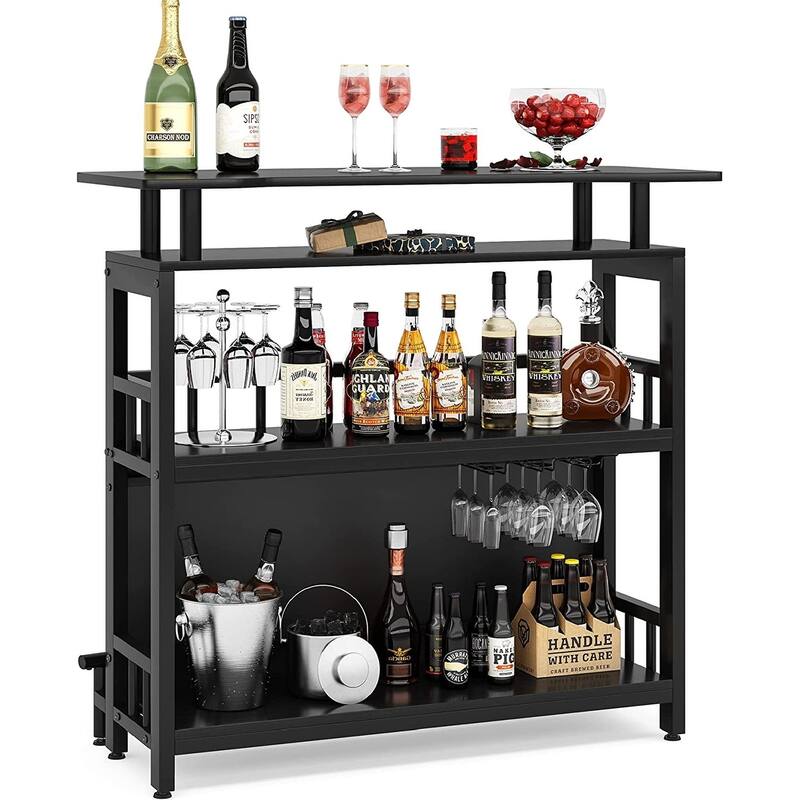 Bar Unit Bar Counter Table for Home Liquor with Front Upholstered Storage Shelf Metal Front Footrest for Home Basement