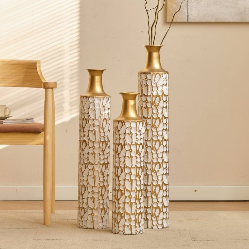 Set of 3 White & Gold Leaf Metal Floor Vases - Graduated Heights for Modern Home Decor