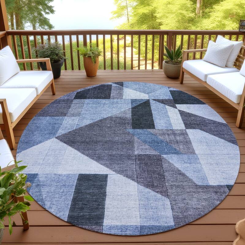 Machine Washable Indoor/ Outdoor Modern Geo Chantille Rug - Blue - 8' x 8'