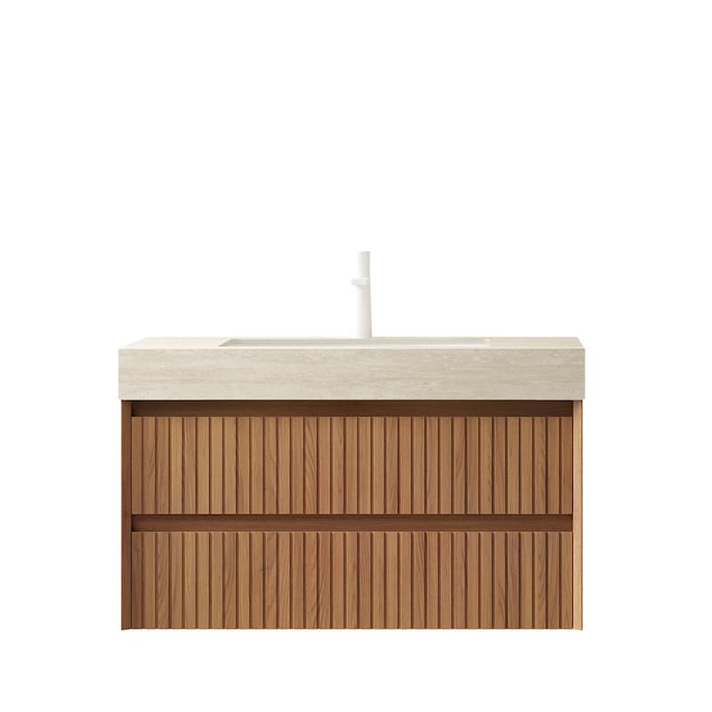 36" Bathroom Vanity&Sink, Floating Striped Plywood Storage Cabinet with 2 Drawers, Travertine-Pattern Sintered Stone Top
