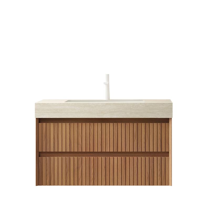 GDFStudio - Tilley Modern Floating Bathroom Vanity with Striped Wood Drawer Fronts & Ceramic Undermount Basin