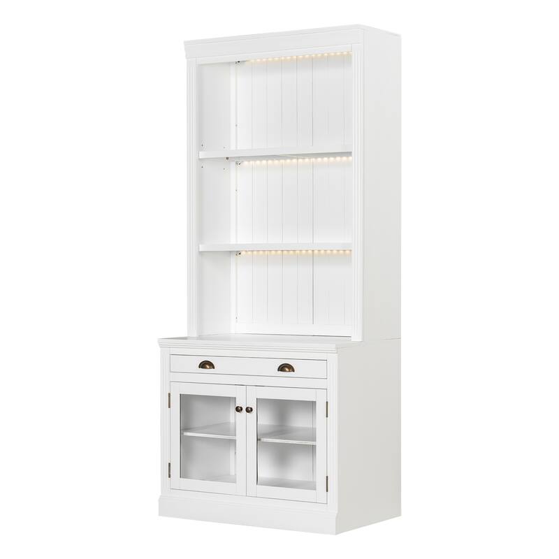 83.4" Tall Bookshelf with LED Lights, 2 Glass Doors & 1 Drawer for Living Room, Home Office