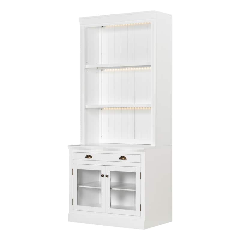 83.4" Tall Bookshelf with LED Lights, 2 Glass Doors & 1 Drawer for Living Room, Home Office