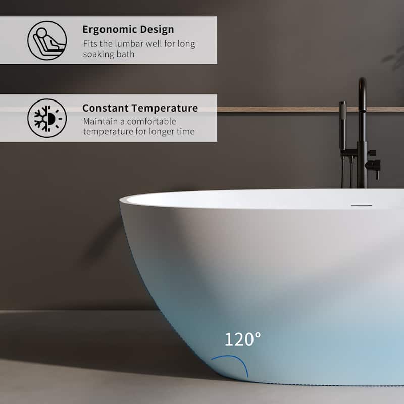 Premium Solid Surface Freestanding Soaking Bathtub with Center Drain and Pop-up Drain, Modern Matte White Tub with Overflow