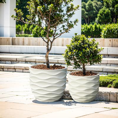 Kayu 2-piece Wavy Design White MgO Planters by Havenside Home
