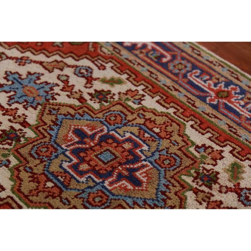 Ivory Geometric Heriz Serapi Indian Foyer Rug Handmade Wool Carpet - 3'0"x 4'11"