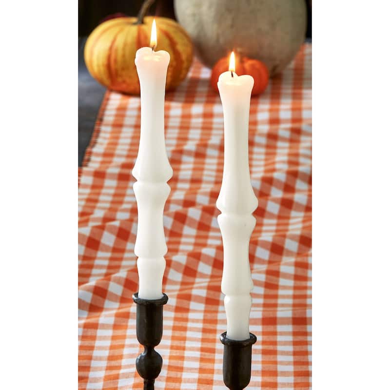 Bone Flame Taper Candles Set of 2 - Halloween White Paraffin Wax, 10" H x 1.25" Dia, 4hr Burn Time, Wipe Clean