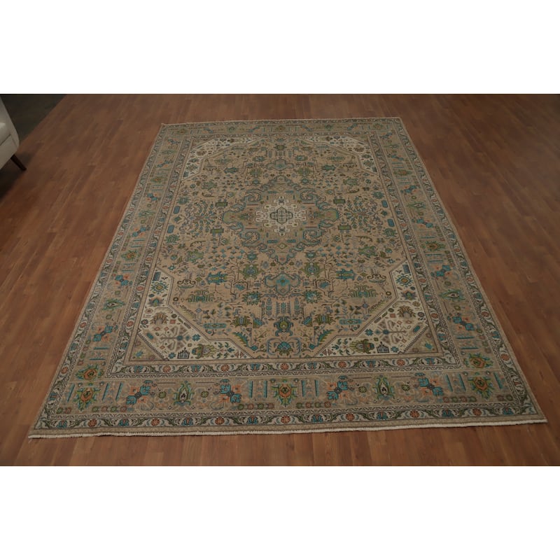 Hand Knotted Oriental 100% Wool Carpet Traditional Floral Beige & Ivories Tabriz Area Rug - 11' 2'' X 8' 0''