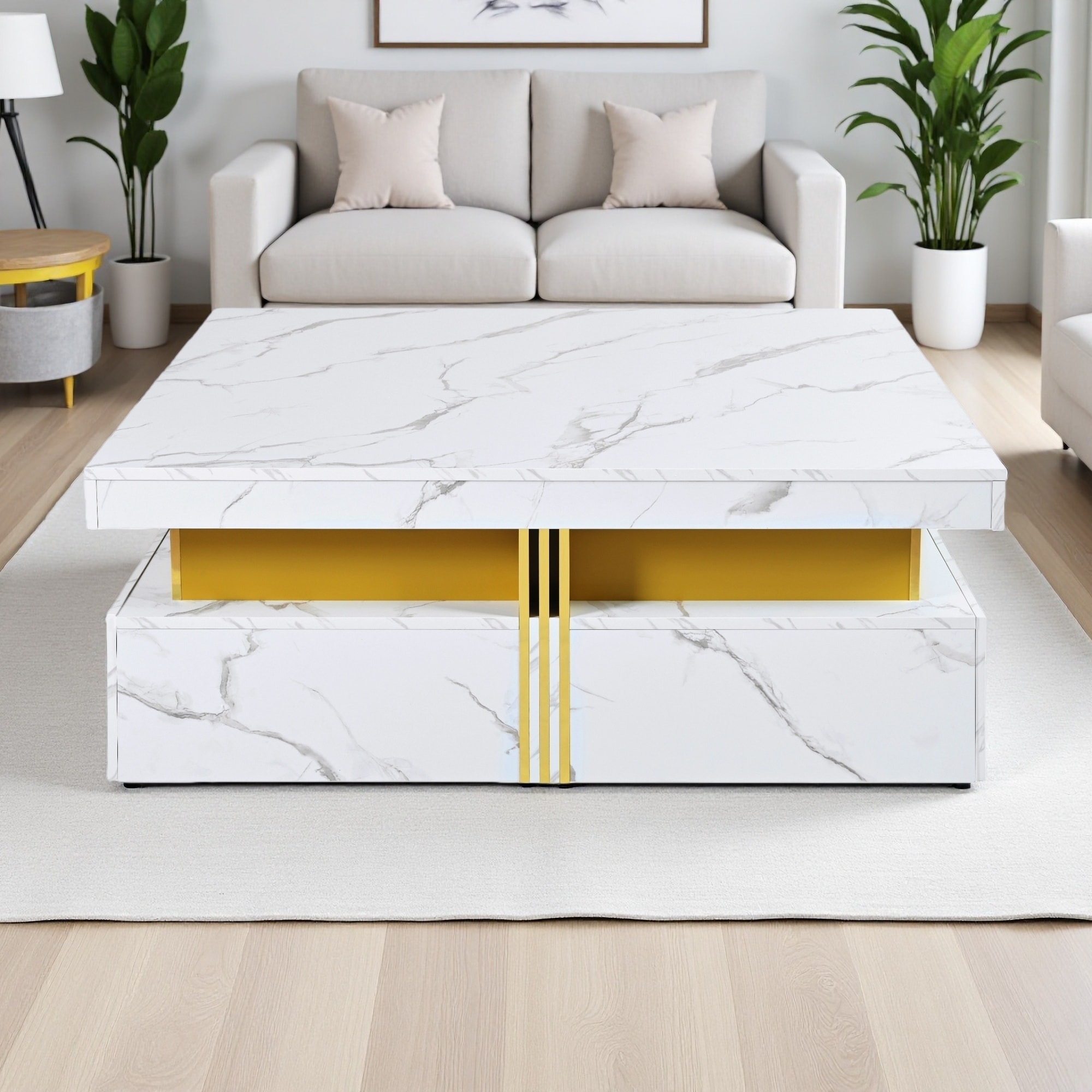 43.3" Modern Square Coffee Table with 4 Drawers and Gold Accents for Living Room, Apartment, or Lounge