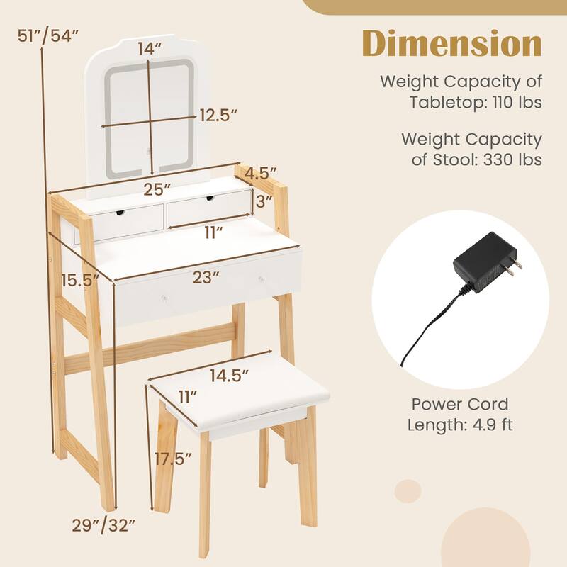Gymax Vanity Desk Set w/ Mirror 3-Color LED Lights Drawers Solid Pine