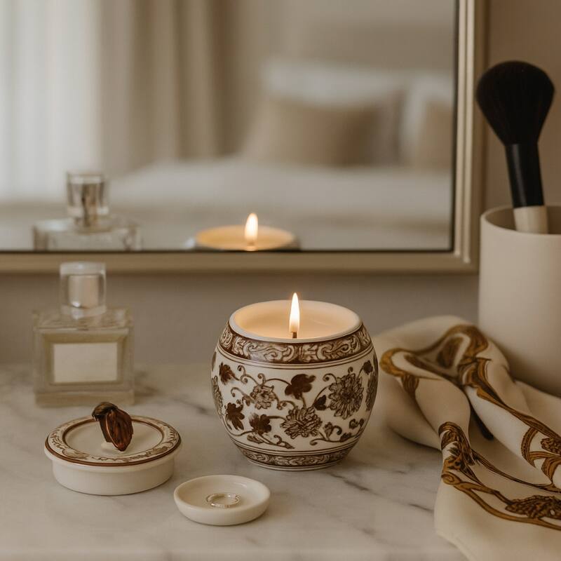 Modern Chinoiserie Ceramic Candle with Lid - Peony Scented Candle - Brown - 4.75"