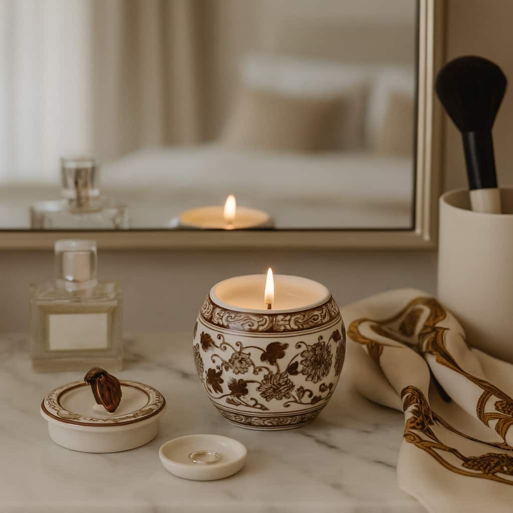 Modern Chinoiserie Ceramic Candle with Lid - Peony Scented Candle