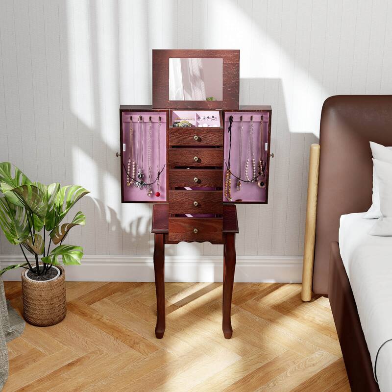 Costway Jewelry Cabinet Storage Chest Standing Organizer Mirror White - See Details
