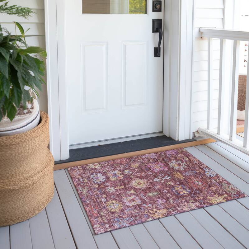 Machine Washable Indoor/ Outdoor Boho Traditional Chantille Rug - 1'8" x 2'6" - Burgundy