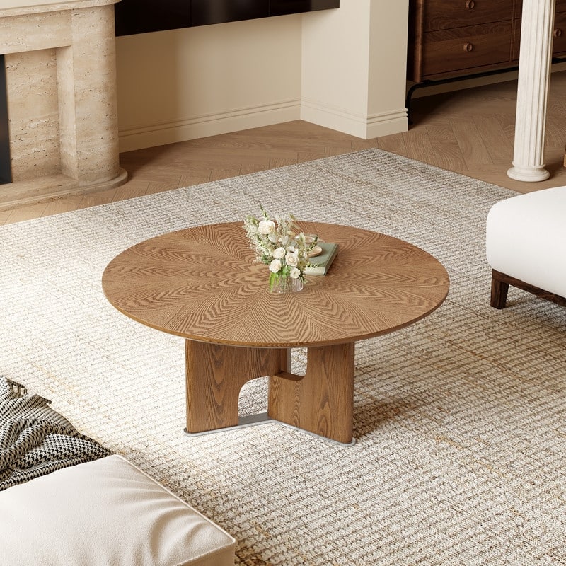 31.5 Inches Round Rustic Ash Wood Veneer Coffee Table for Small Living Room